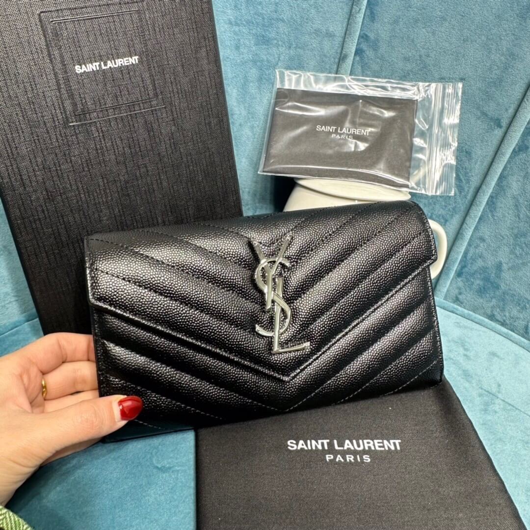 YSL CASSANDRE MATELASSÉ LARGE FLAP WALLET IN GRAIN DE POUDRE LEATHER