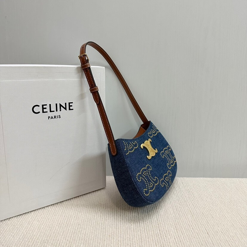 Ce**e tilly triomphe medium bag in studded denim and calfskin