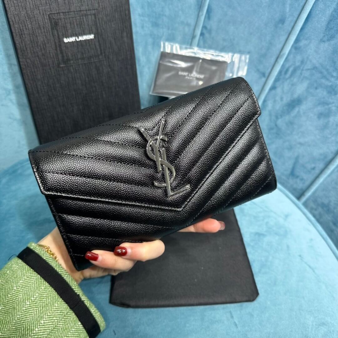YSL CASSANDRE MATELASSÉ LARGE FLAP WALLET IN GRAIN DE POUDRE LEATHER