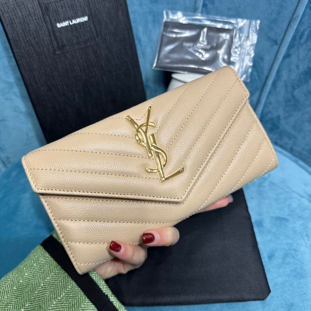 YSL CASSANDRE MATELASSÉ LARGE FLAP WALLET IN GRAIN DE POUDRE LEATHER