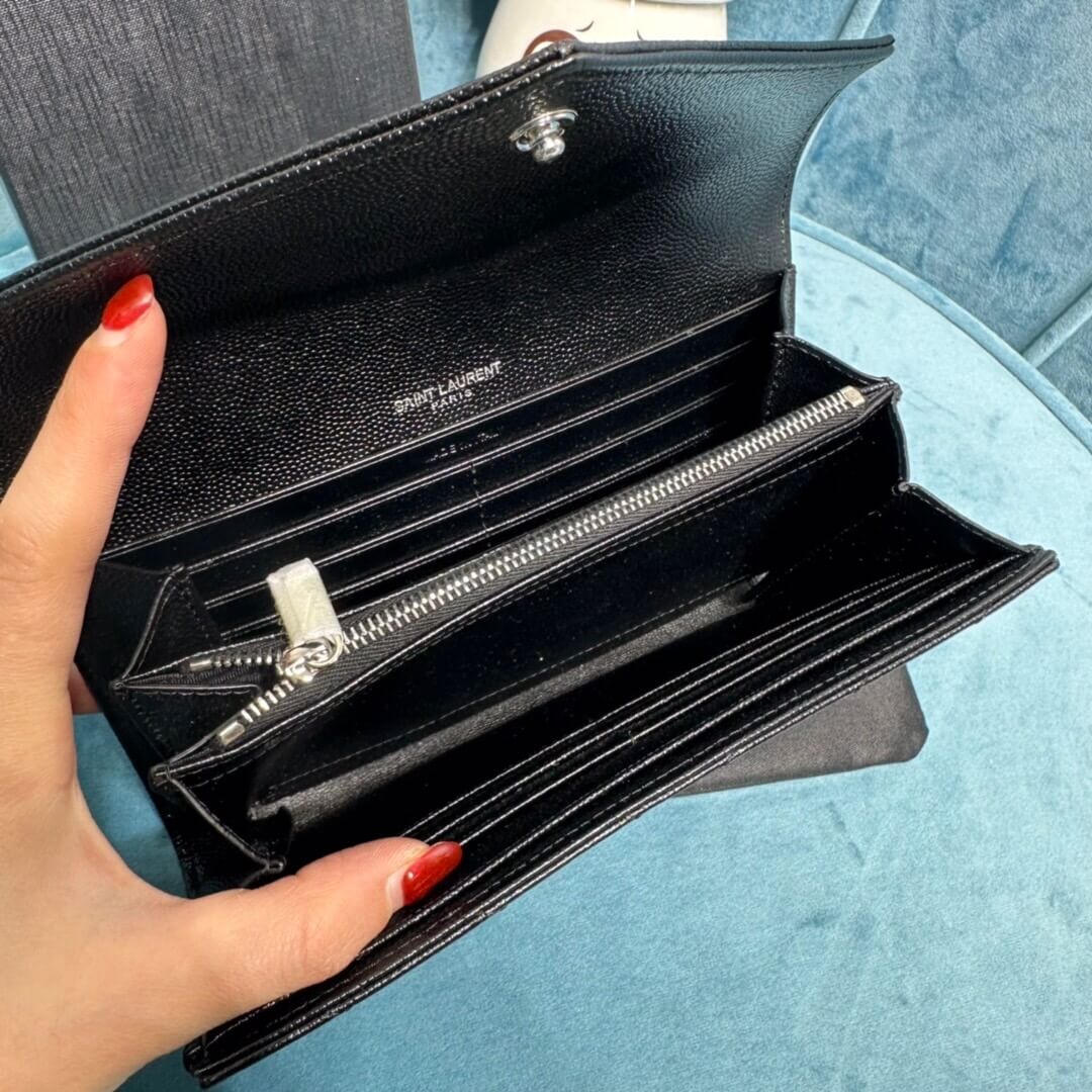 YSL CASSANDRE MATELASSÉ LARGE FLAP WALLET IN GRAIN DE POUDRE LEATHER
