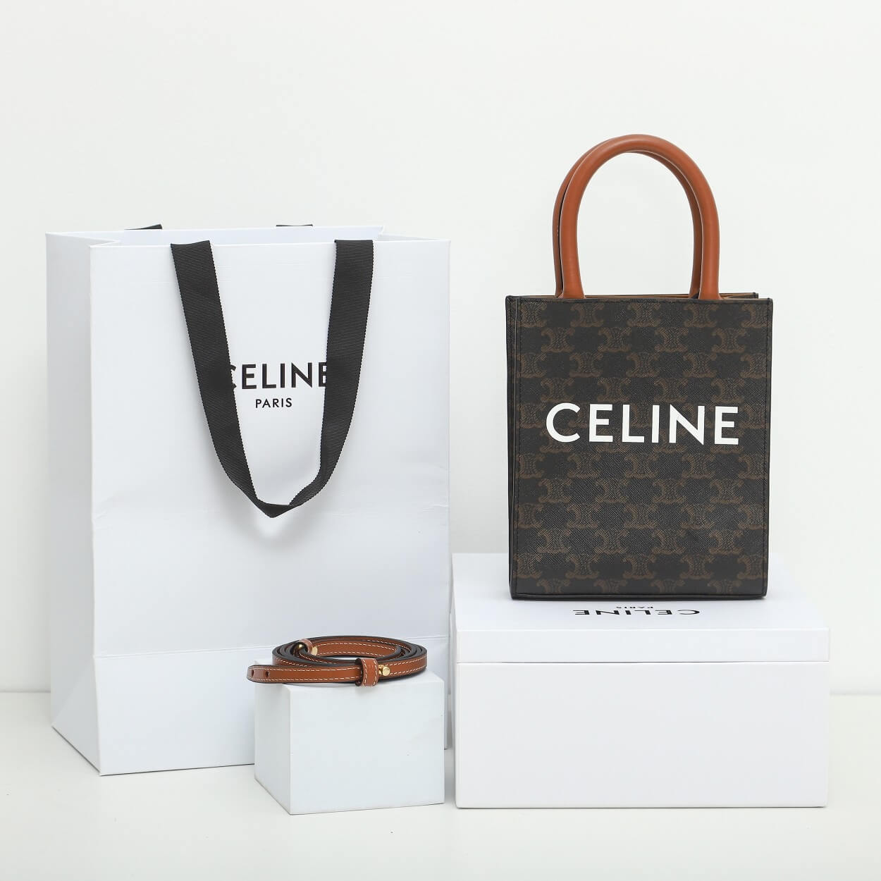 Ce**e mini vertical cabas bag in calfskin leather with logo and Ce**e print