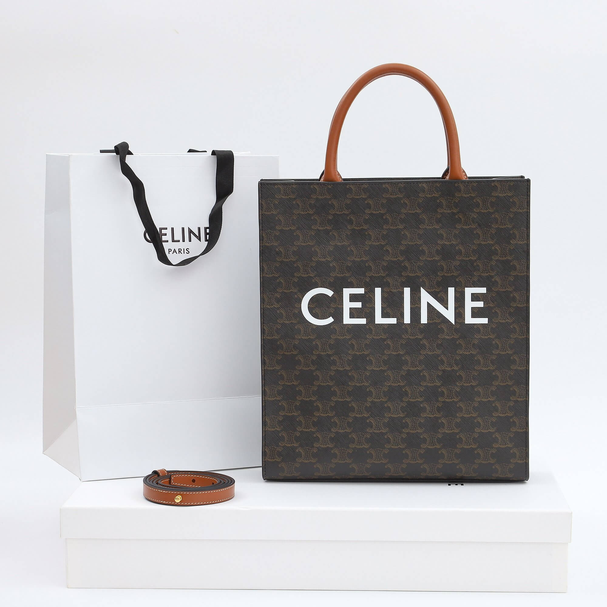 Ce**e vertical cabas bag in calfskin with logo print and Ce**e print