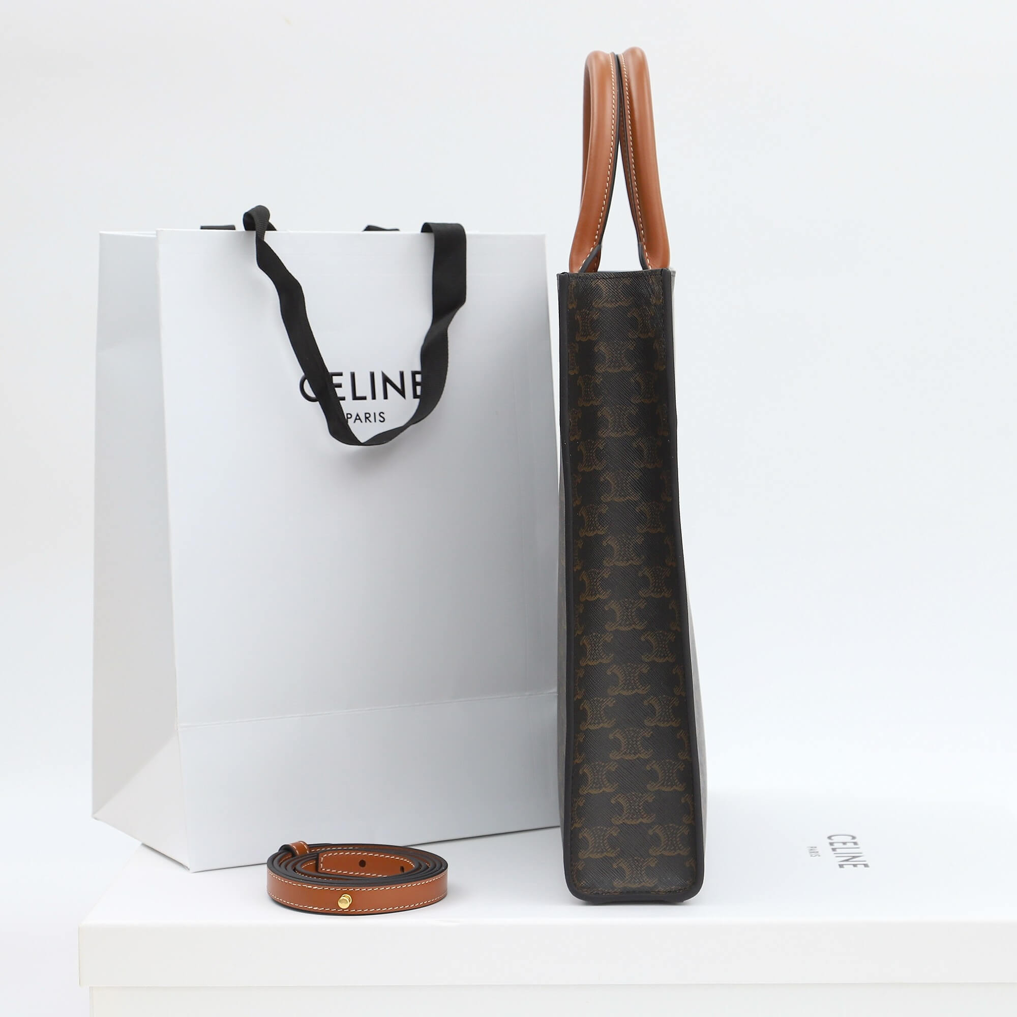 Ce**e vertical cabas bag in calfskin with logo print and Ce**e print