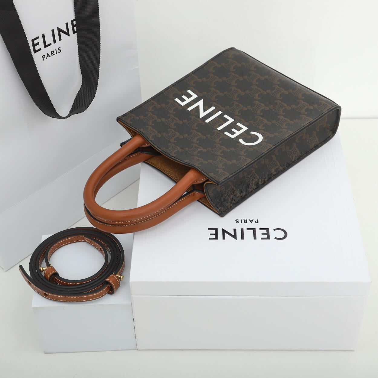 Ce**e mini vertical cabas bag in calfskin leather with logo and Ce**e print