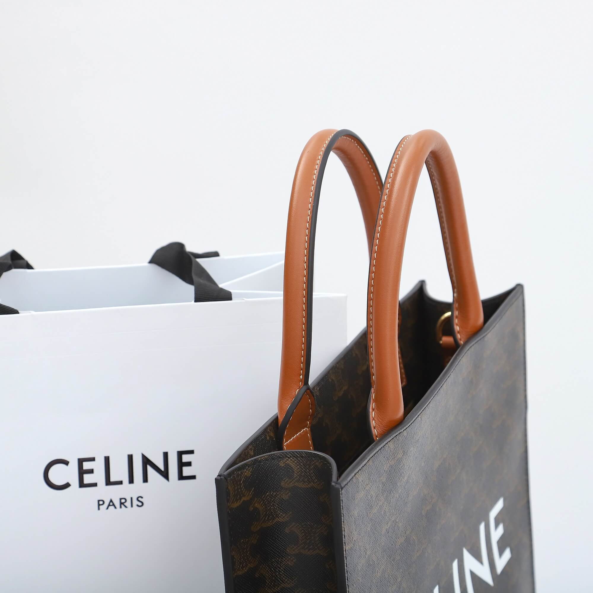 Ce**e vertical cabas bag in calfskin with logo print and Ce**e print